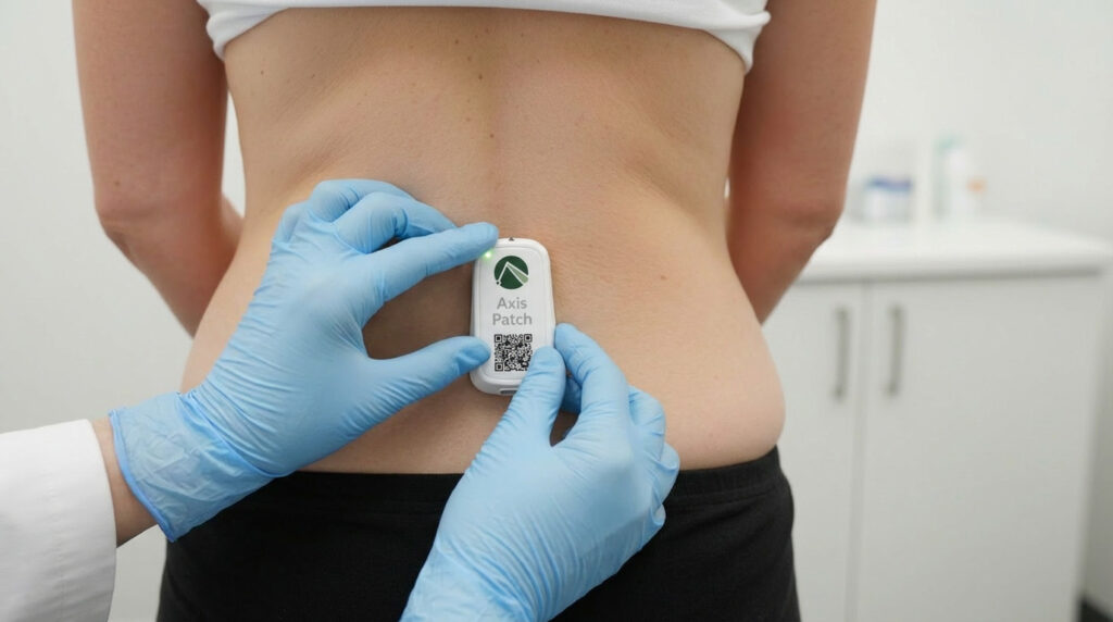 Axis Patch, a small medical device, on a woman's back
